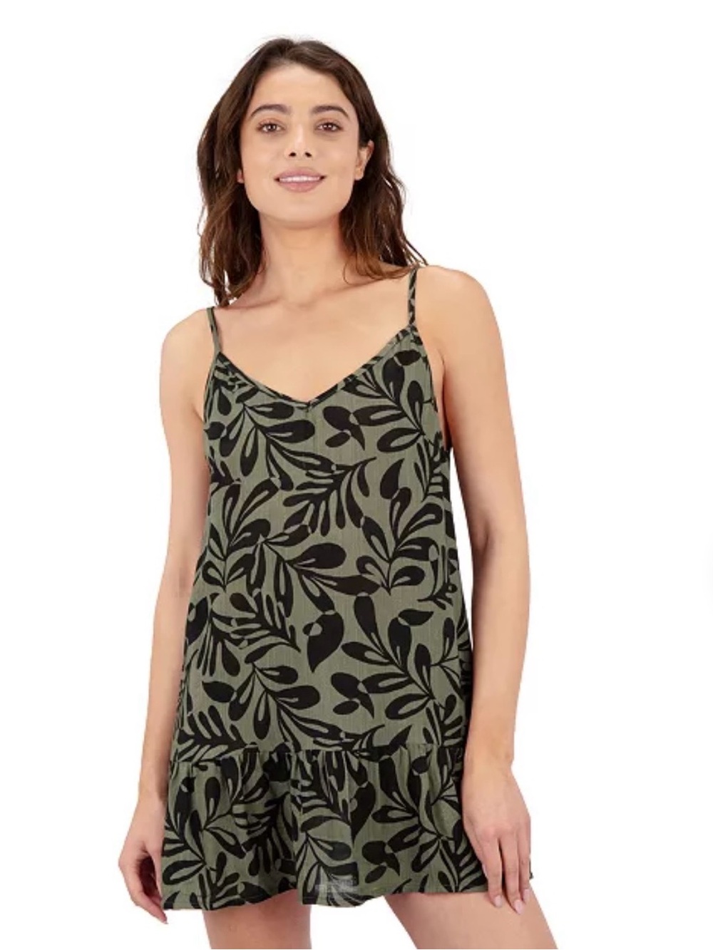 Hurley Olive Green & Black Leaf-Print V-Neck Cover-Up Mini Dress Surfer Skater